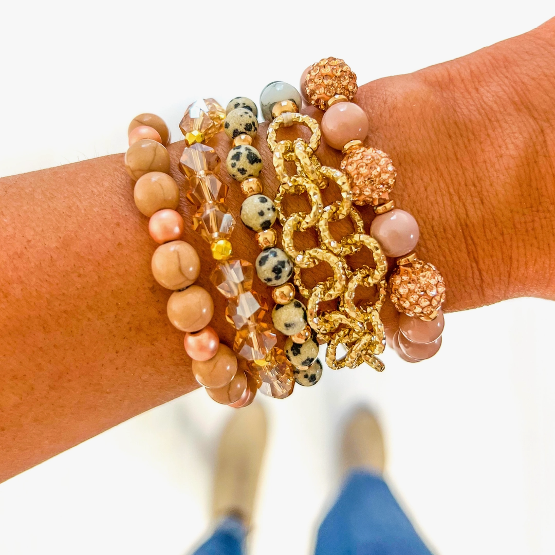 Peach Leopard Stack of Bracelets-Boldness with a Bun