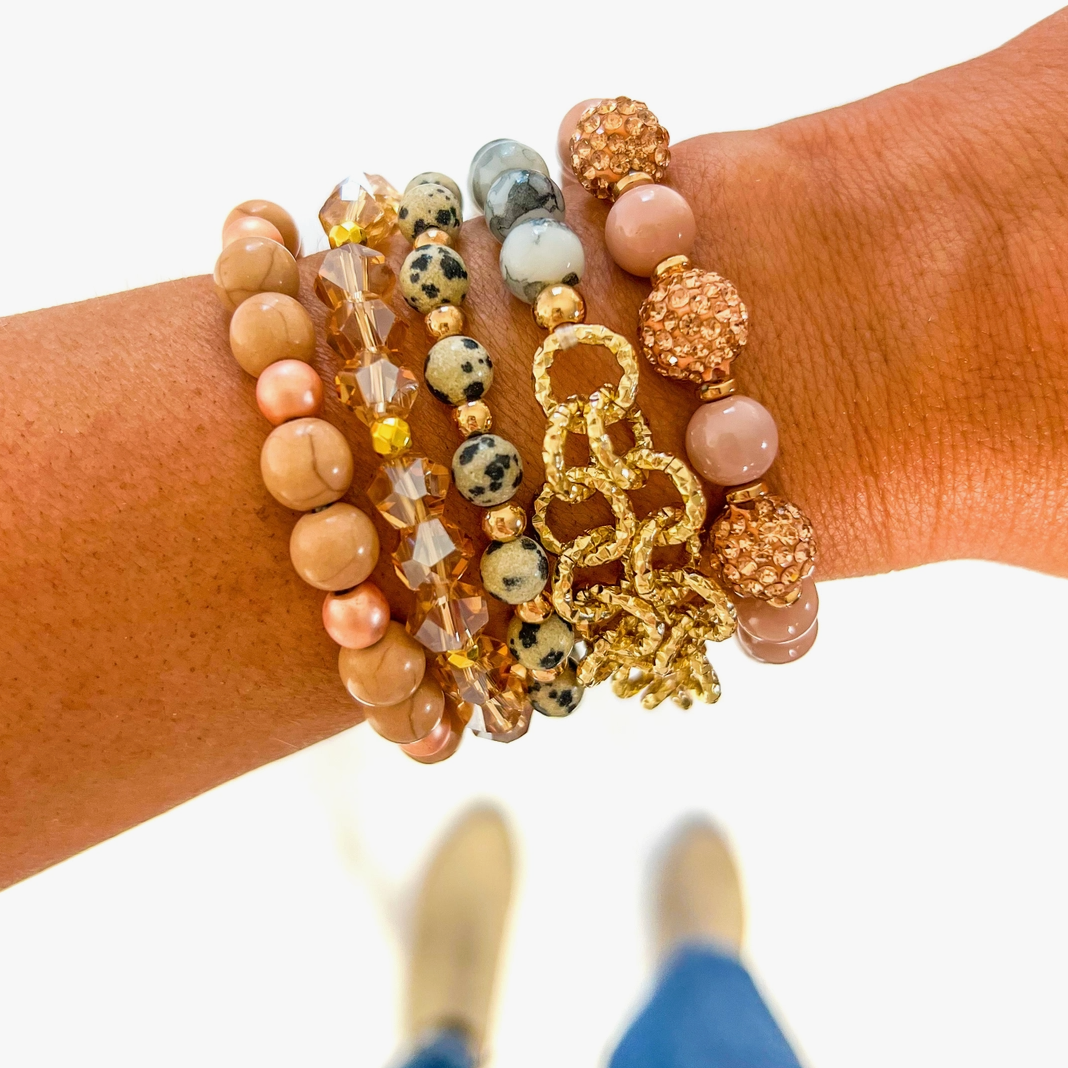 Peach Leopard Stack of Bracelets-Boldness with a Bun