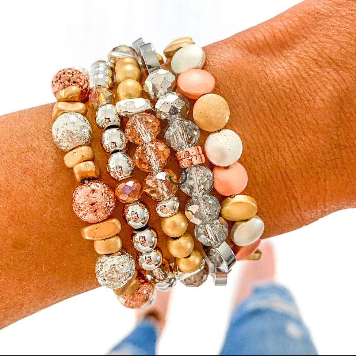 Mixed Metal Stack of Bracelets-Boldness with a Bun